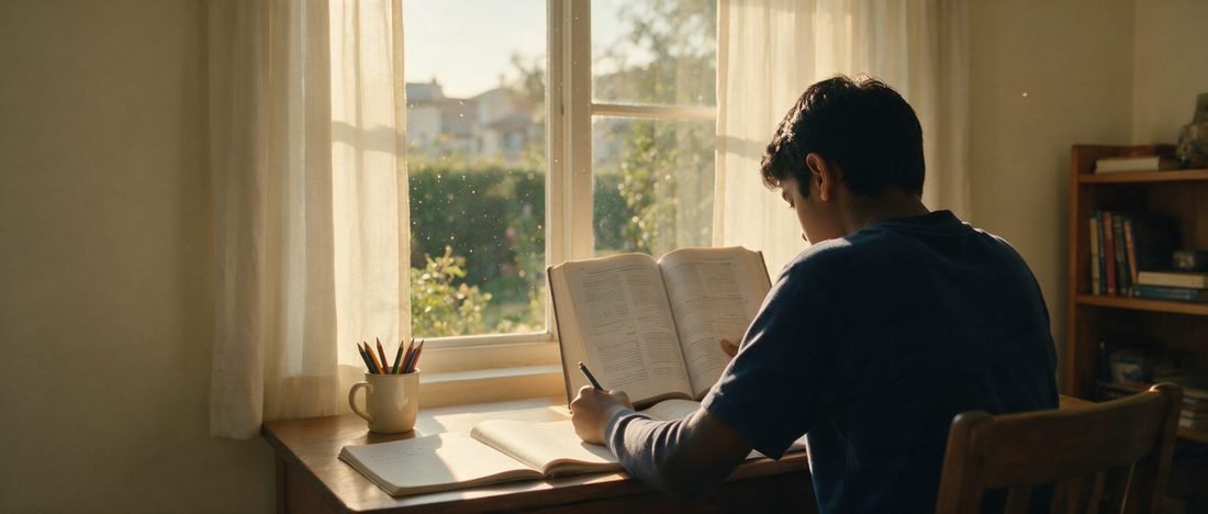 A student reading a printed book at a desk