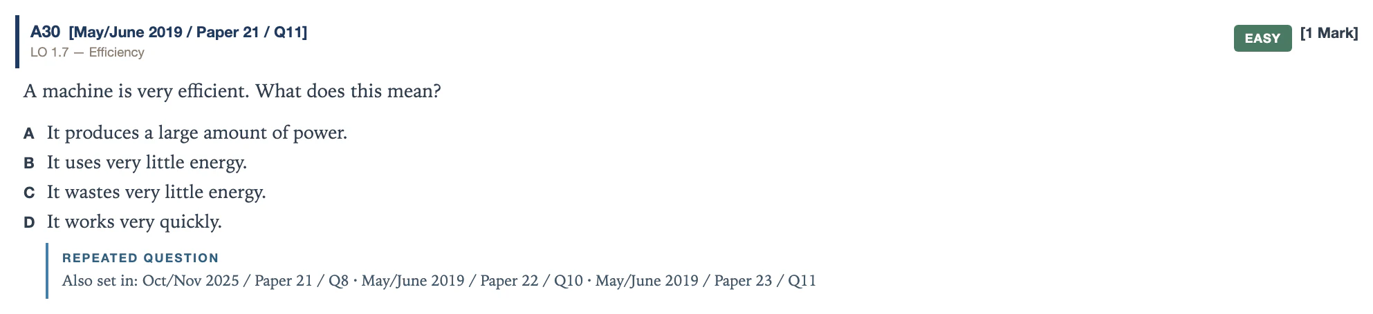 A question listing the four papers it was set in.