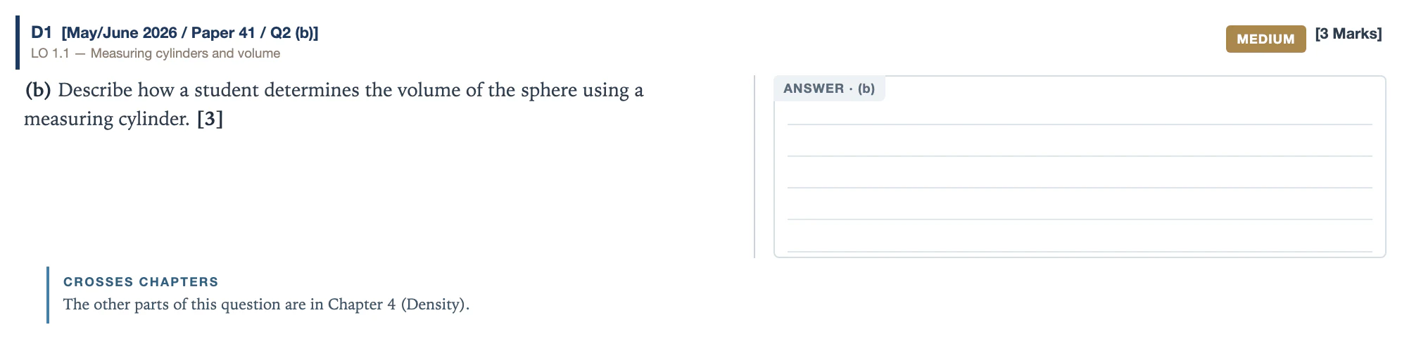 A written question with a ruled answer box sized to three marks, and a note saying the other parts of the question are in another chapter.