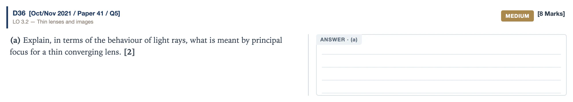 A question with a ruled answer box beside it, sized to the marks.